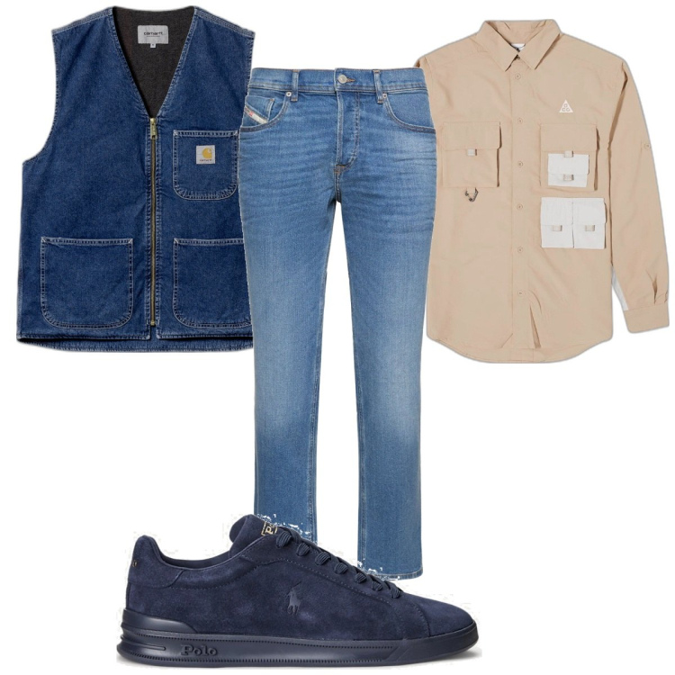 Outfit uomo - Total look #1740166. Stile Trendy per Tutti i giorni. Abbinamento con gilet, camicie, sneakers, jeans.