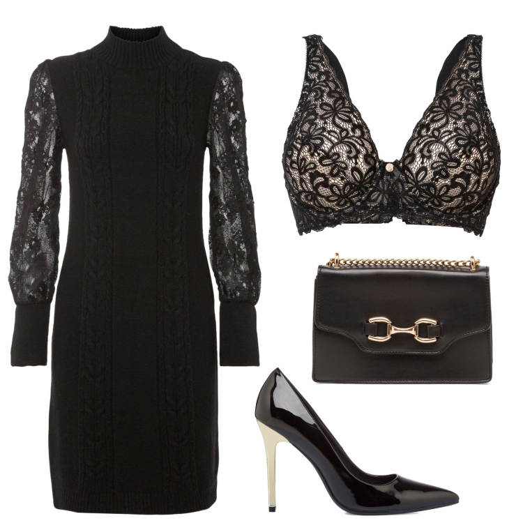 Outfit donna - Curata ed elegante anche nell\' intimo. Stile Glamour per Serata fuori. Abbinamento con reggiseni, vestiti, borse a tracolla, décolleté.
