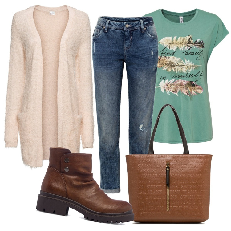 Outfit donna - Curvy casual in jeans e stivali. Stile Casual chic per Tutti i giorni. Abbinamento con t-shirt, cardigans, jeans boyfriend, stivaletti, borse a spalla.