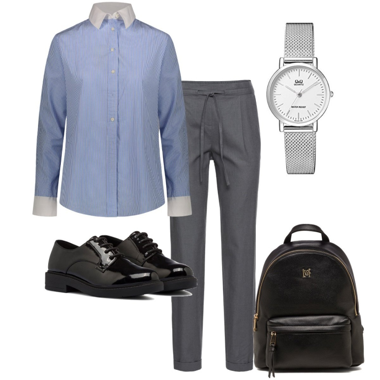 Outfit donna - In viaggio per lavoro. Stile Mannish per Ufficio. Abbinamento con pantaloni, scarpe stringate, zaini, camicie, orologi analogici.