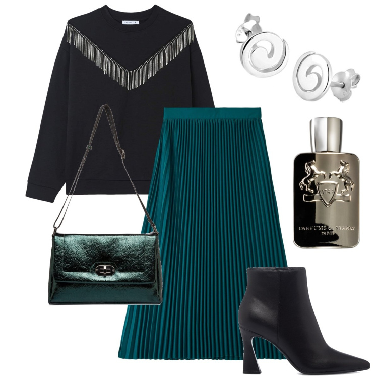 Outfit donna - La gonna blu petrolio. Stile Trendy per Serata fuori. Abbinamento con profumi, gonne longuette, felpe, stivaletti, borse a tracolla, orecchini.