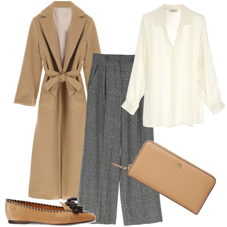 Outfit donna - Il cappotto lungo. Stile Bon Ton per Serata fuori. Abbinamento con cappotti, pantaloni a palazzo, camicie, portafogli, mocassini.