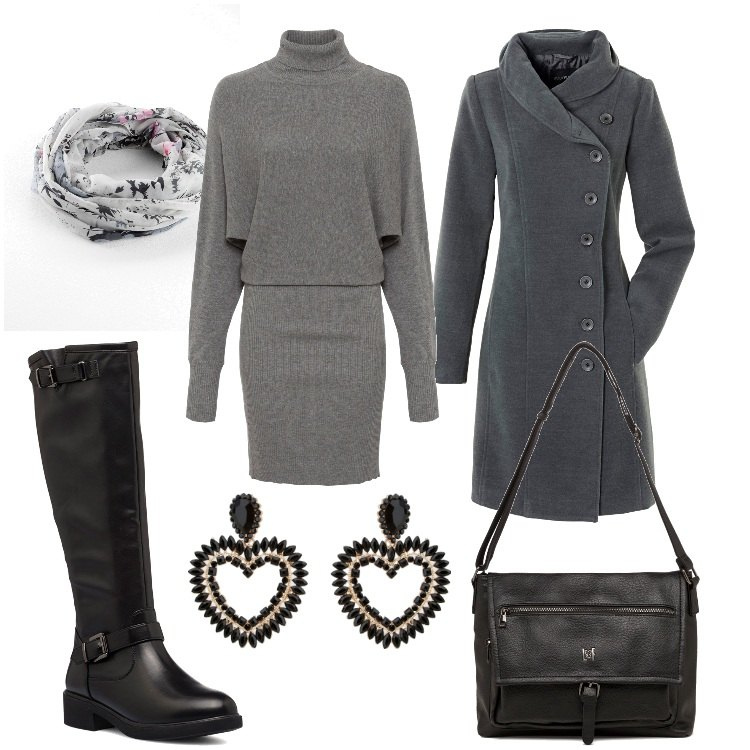 Outfit donna - Nei toni del grigio. Stile Casual chic per Tutti i giorni. Abbinamento con vestiti, cappotti, foulard, orecchini, borse a tracolla, stivali sopra il ginocchio.