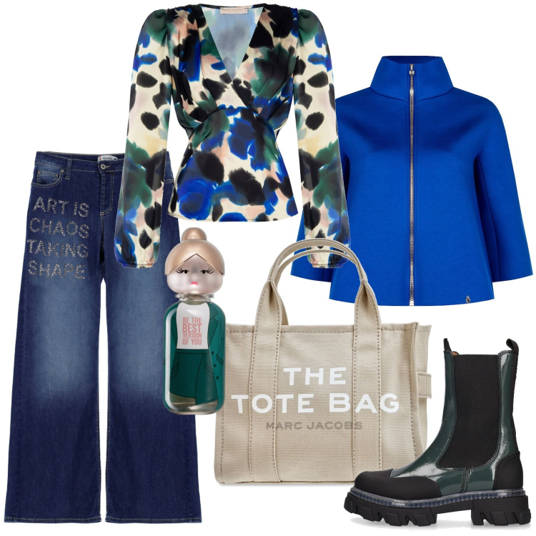 Outfit donna - A cena con le amiche. Stile Casual chic per Serata fuori. Abbinamento con profumi, jeans, cappotti, bluse, stivaletti chelsea, shopping bag.