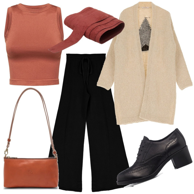 Outfit donna - Basic curvy per i primi freddi. Stile Casual per Tutti i giorni. Abbinamento con maglieria, cinture, pantaloni a palazzo, scarpe stringate, canottiere, borse a spalla.