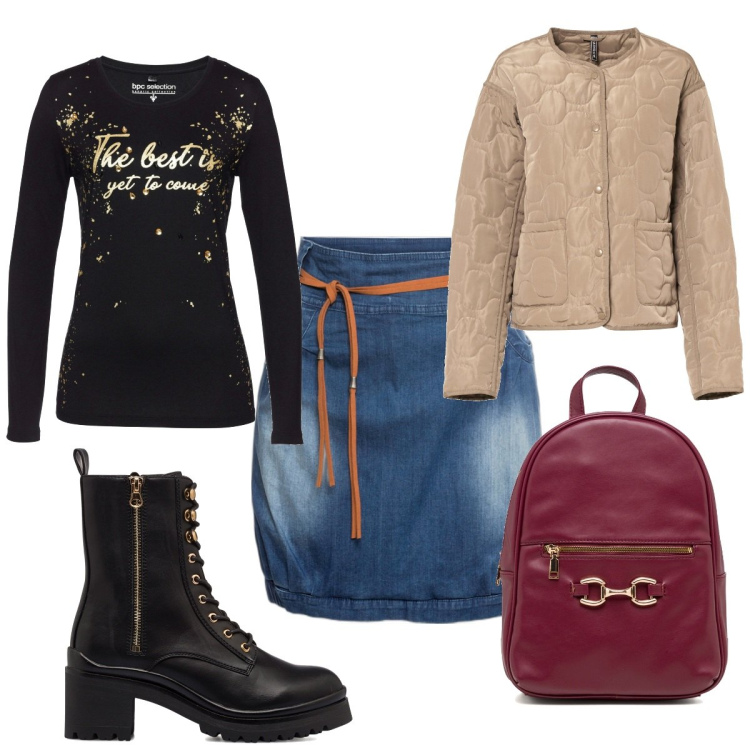 Outfit donna - Total look #1740287. Stile Trendy per Tutti i giorni. Abbinamento con minigonne, maglieria, giacche, anfibi, zaini.