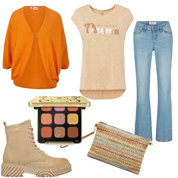 Outfit donna - Un tocco di arancione. Stile Casual per Tutti i giorni. Abbinamento con jeans bootcut, maglieria, cardigans, ombretti, anfibi, pochette.