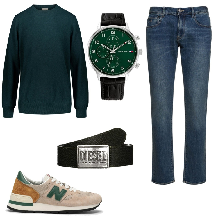 Outfit uomo - Sneakers Forever. Stile Casual per Tutti i giorni. Abbinamento con maglieria, cinture, jeans slim fit, orologi analogici, sneakers.