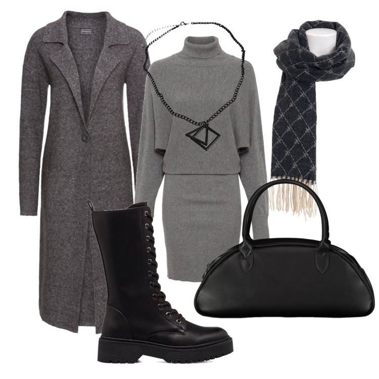 Outfit donna - Total look #1740337. Stile Casual chic per Ufficio. look ideale per Tall. Abbinamento con vestiti, cappotti, sciarpe, borse a spalla, anfibi, collane.