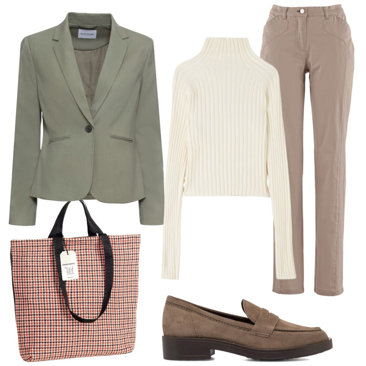 Outfit donna - Casual chic. Stile Casual chic per Tutti i giorni. Abbinamento con blazer, pantaloni, maglieria, borse tote, mocassini.
