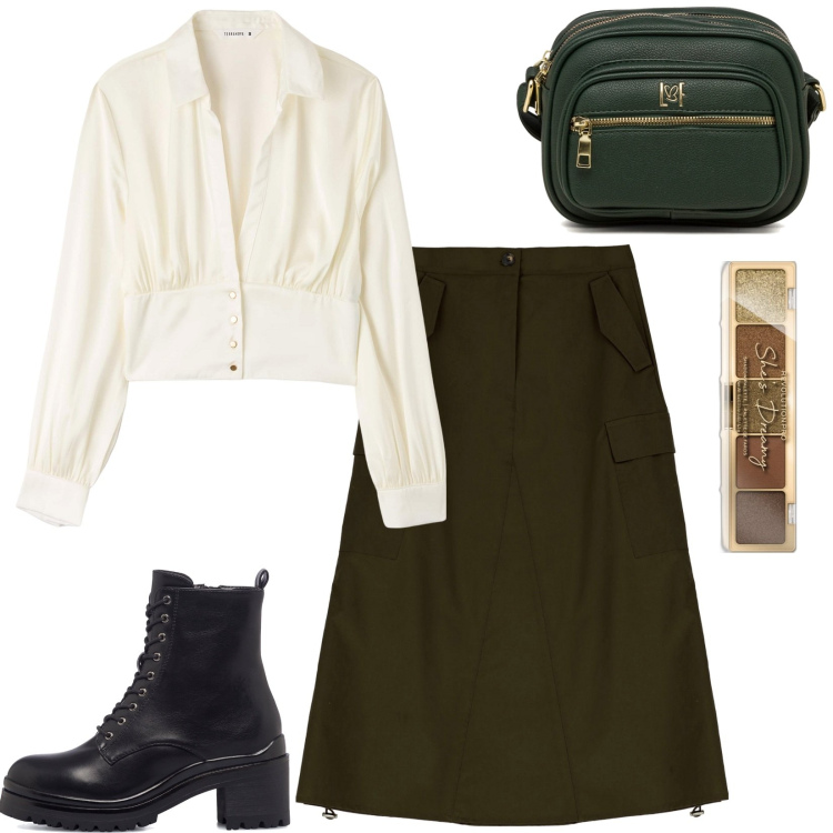 Outfit donna - Look in verde. Stile Casual per Tutti i giorni. Abbinamento con ombretti, camicie, gonne longuette, borse a tracolla, anfibi.