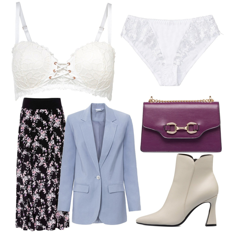 Outfit donna - Giretto al museo. Stile Casual chic per Tutti i giorni. Abbinamento con gonne lunghe, reggiseni a balconcino, blazer, slip, stivaletti, borse a tracolla.