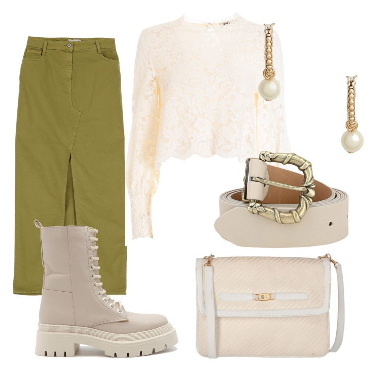 Outfit donna - Anfibi e maglia in pizzo. Stile Casual chic per Tutti i giorni. Abbinamento con borse a tracolla, cinture, gonne lunghe, bluse, orecchini, anfibi.