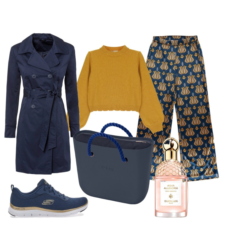 Outfit donna - A pranzo con un caro amico. Stile Casual chic per Tutti i giorni. Abbinamento con trench, profumi, pullovers, sneakers, pantaloni, borse a spalla.