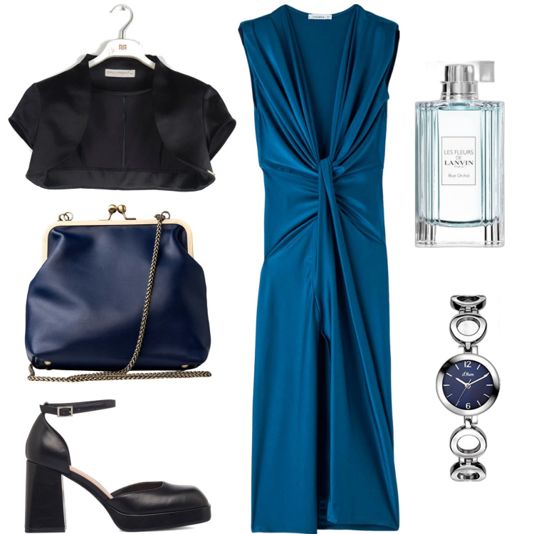Outfit donna - Serata in blu. Stile Chic per Serata fuori. Abbinamento con profumi, vestiti lunghi, bolero, décolleté, orologi, clutch.