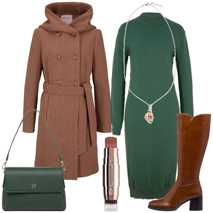 Outfit donna - Tabacco e verde. Stile Casual chic per Tutti i giorni. Abbinamento con vestiti midi/longuette, cappotti, blush, stivali sopra il ginocchio, borse a tracolla, collane.