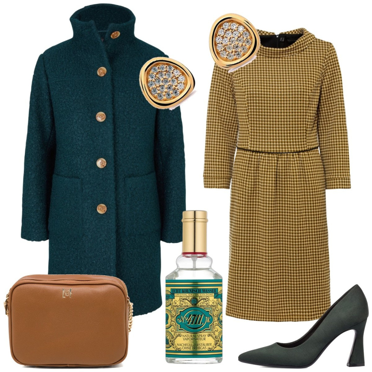 Outfit donna - Anni ‘50. Stile Vintage retrò per Tutti i giorni. Abbinamento con cappotti, vestiti, profumi, décolleté, borse a tracolla, orecchini.