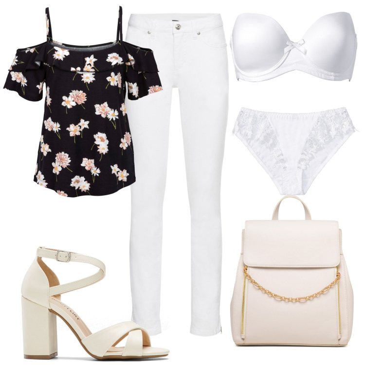Outfit donna - In bianco. Stile Basic per Tutti i giorni. Abbinamento con reggiseni, top, jeans skinny, sandali col tacco, slip, zaini.