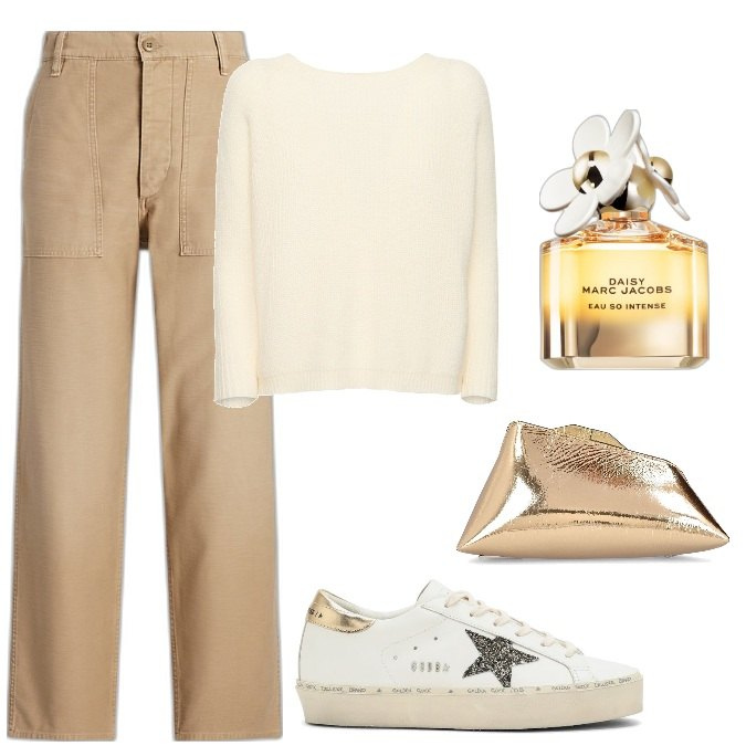 Outfit donna - Total look #1740460. Stile Trendy per Tutti i giorni. Abbinamento con profumi, pantaloni, pochette, sneakers, maglieria.