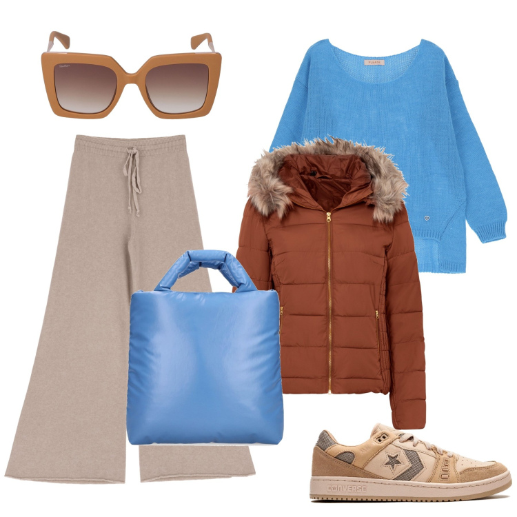 Outfit donna - I colori che ami in autunno. Stile Casual per Tutti i giorni. Abbinamento con giacche, maglieria, pantaloni a palazzo, sneakers, shopping bag, occhiali da sole.
