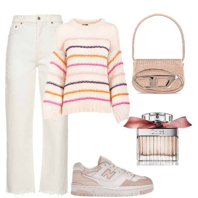 Outfit donna - Total look #1740469. Stile Romantica per Tutti i giorni. Abbinamento con sneakers, profumi, maglieria, jeans dritti, borse a spalla.