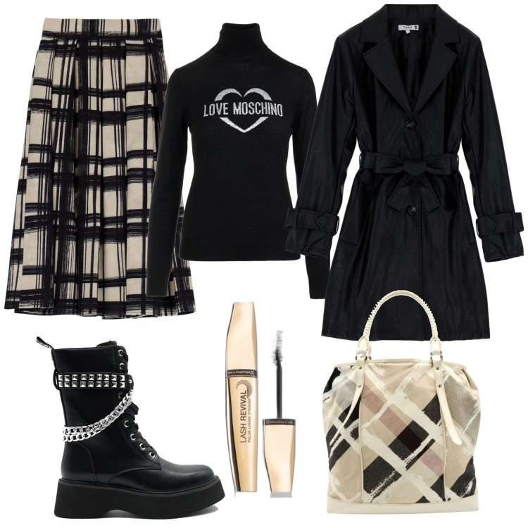 Outfit donna - Anfibi e gonna. Stile Trendy per Serata fuori. Abbinamento con borse a mano, mascara, cappotti, gonne longuette, maglieria, anfibi.