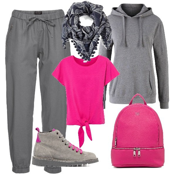 Outfit donna - sportiva sempre. Stile Casual per Tutti i giorni. Abbinamento con pantaloni, felpe con cappuccio, maglieria, foulard, stivaletti, zaini.