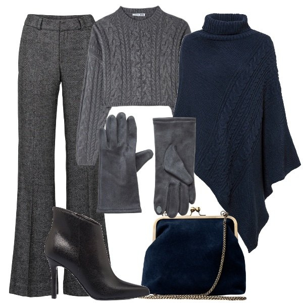 Outfit donna - sta arrivando il freddo. Stile Casual chic per Tutti i giorni. Abbinamento con pantaloni a palazzo, cinture, maglieria, guanti, stivaletti, clutch.