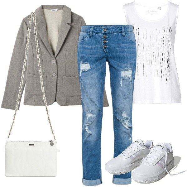 Outfit donna - con i jeans strappati. Stile Trendy per Tutti i giorni. Abbinamento con jeans boyfriend, top, cappotti, clutch, sneakers.