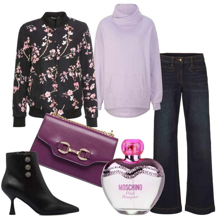 Outfit donna - Tonalità di viola. Stile Casual chic per Tutti i giorni. Abbinamento con bomber, jeans, felpe, profumi, borse a tracolla, stivaletti.