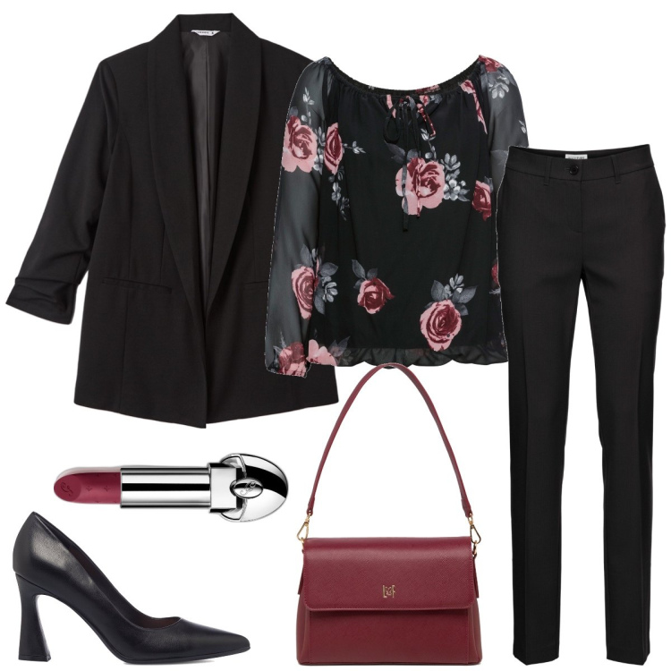 Outfit donna - Ufficio. Stile Chic per Ufficio. Abbinamento con pantaloni, bluse, blazer, rossetti, décolleté, borse a tracolla.