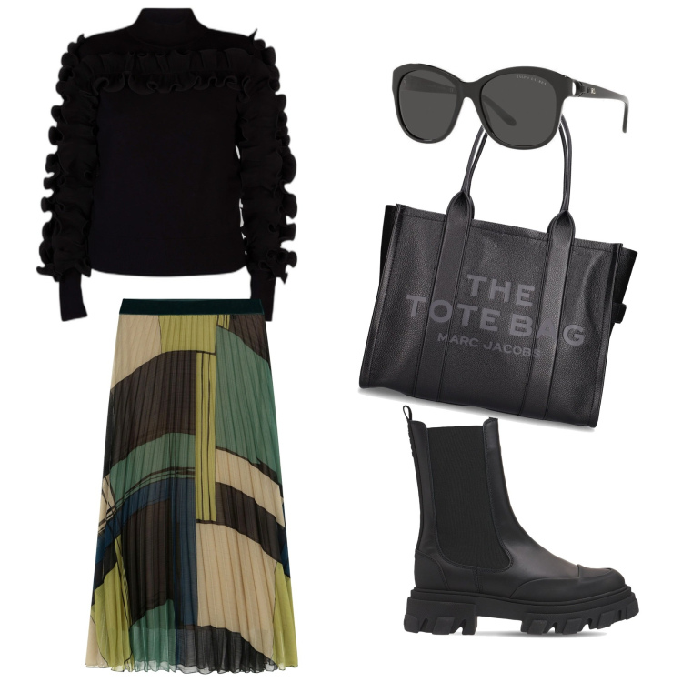 Outfit donna - Passeggio in citta. Stile Trendy per Tutti i giorni. Abbinamento con gonne longuette, maglieria, occhiali da sole, borse tote, stivaletti chelsea.