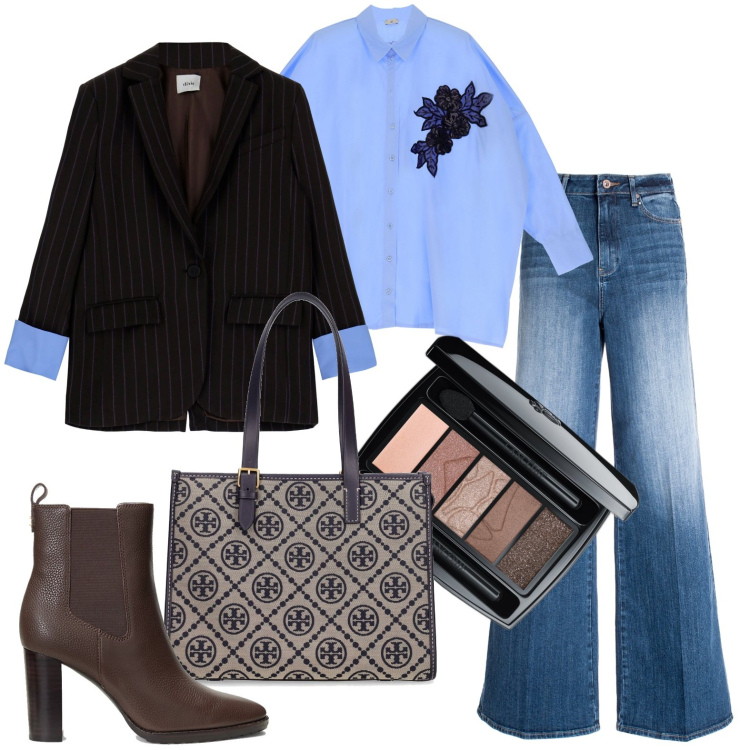 Outfit donna - La giacca over gessata color fondente. Stile Trendy per Ufficio. Abbinamento con ombretti, jeans, stivaletti chelsea, cappotti, camicie, shopping bag.