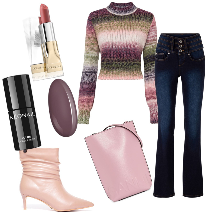 Outfit donna - Total look #1740640. Abbinamento con jeans bootcut, maglieria, smalti, rossetti, stivaletti, borse a spalla.