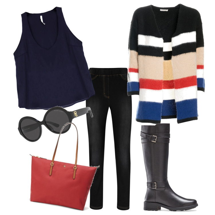 Outfit donna - Total look #1740650. Stile Casual per Tutti i giorni. Abbinamento con stivali, jeggings, cardigans, canottiere, borse tote, occhiali da sole.