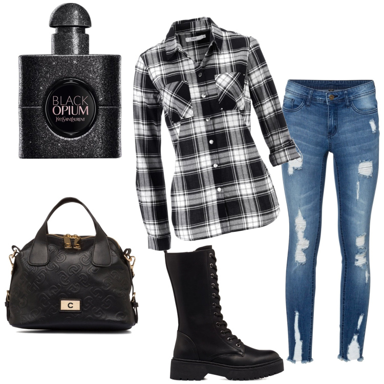 Outfit donna - Total look #1740655. Abbinamento con camicie, jeans strappati, profumi, anfibi, borse a spalla.