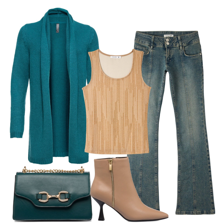 Outfit donna - Wander. Stile Casual chic per Tutti i giorni. Abbinamento con cardigans, jeans a zampa, canottiere, stivaletti, borse a tracolla.