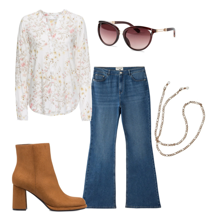 Outfit donna - Total look #1740704. Stile Basic per Scuola/Università. Abbinamento con camicie, occhiali da sole, jeans a zampa, stivaletti, collane.