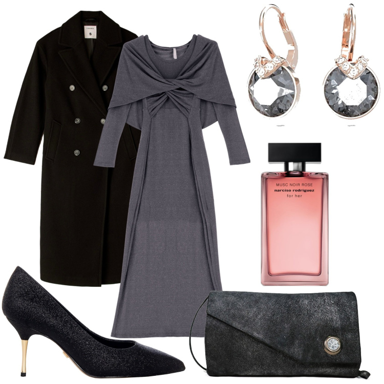 Outfit donna - Abito lungo monocolour. Stile Casual chic per Serata fuori. Abbinamento con borse a spalla, profumi, cappotti, décolleté, vestiti lunghi, orecchini.