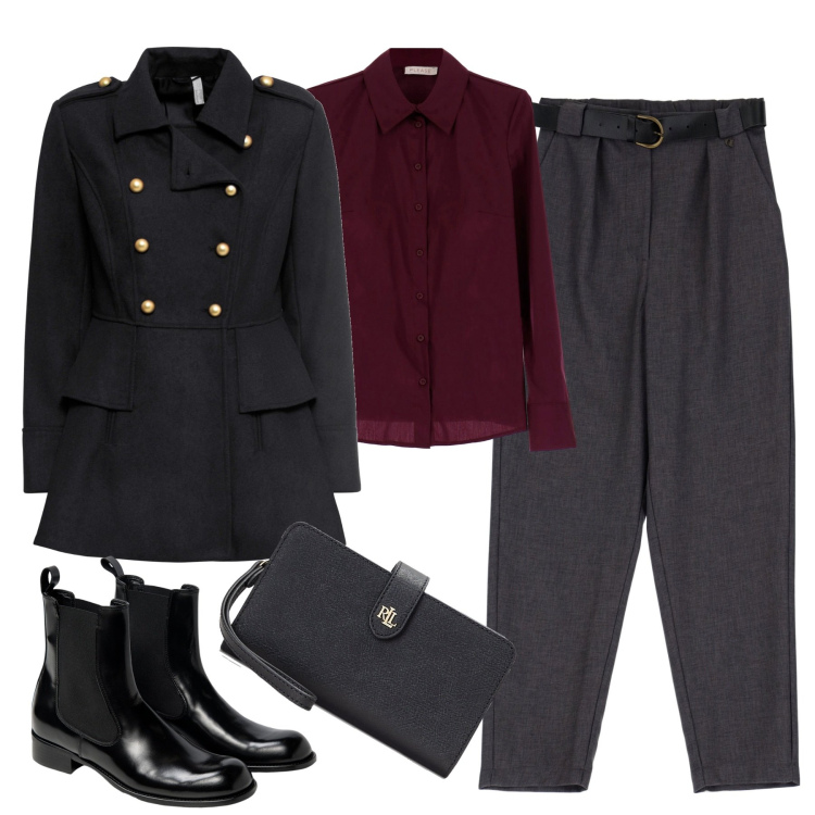 Outfit donna - Grigio e rosso. Stile Trendy per Tutti i giorni. Abbinamento con cappotti, pantaloni, stivaletti chelsea, camicie, pochette.