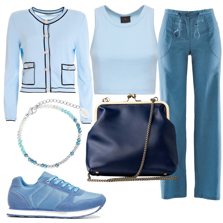 Outfit donna - Total look #1740743. Stile Casual chic per Tutti i giorni. Abbinamento con pantaloni a palazzo, sneakers, cardigans, canottiere, braccialetti, clutch.