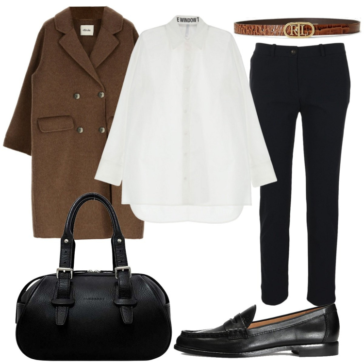 Outfit donna - Style. Stile Chic per Tutti i giorni. Abbinamento con borse a mano, camicie, cappotti, mocassini, cinture, pantaloni.
