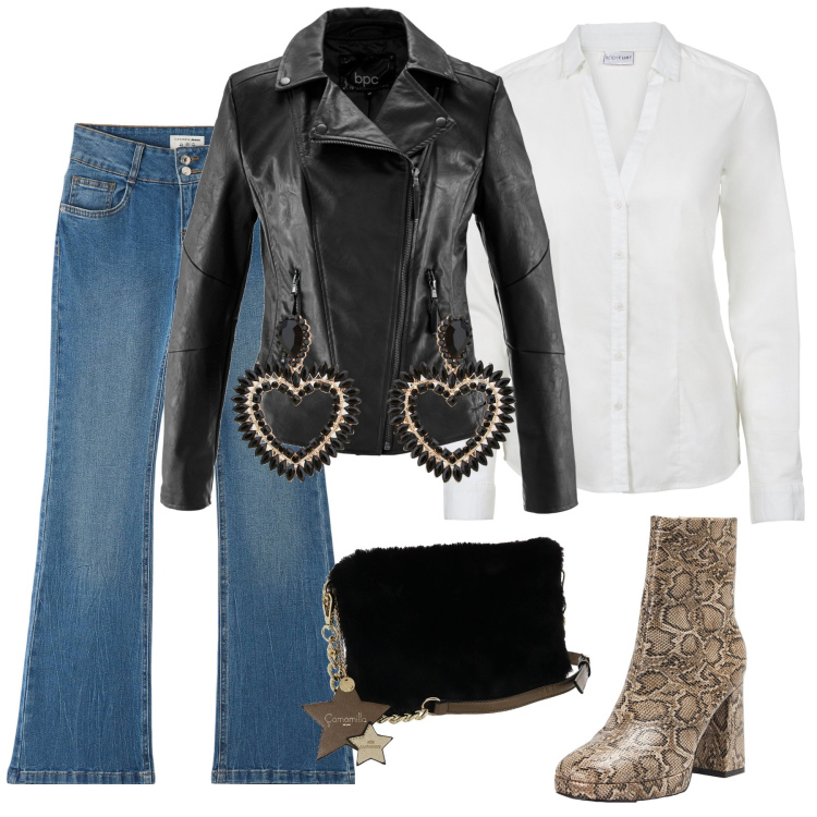 Outfit donna - La camicia bianca. Stile Urban per Ufficio. Abbinamento con blazer, camicie, orecchini, stivaletti, jeans a zampa, borse a tracolla.