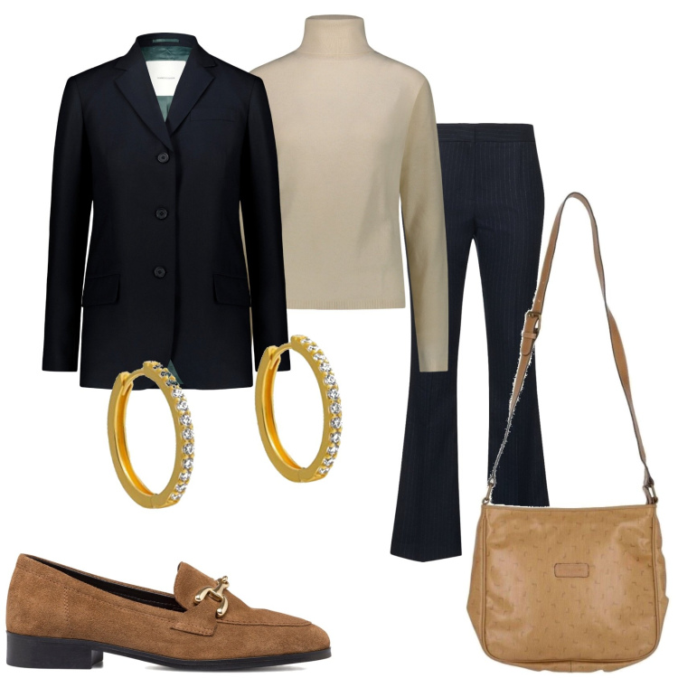 Outfit donna - Completo blu e maglione. Stile Glamour per Tutti i giorni. Abbinamento con borse a tracolla, mocassini, pullovers, blazer, pantaloni, orecchini.