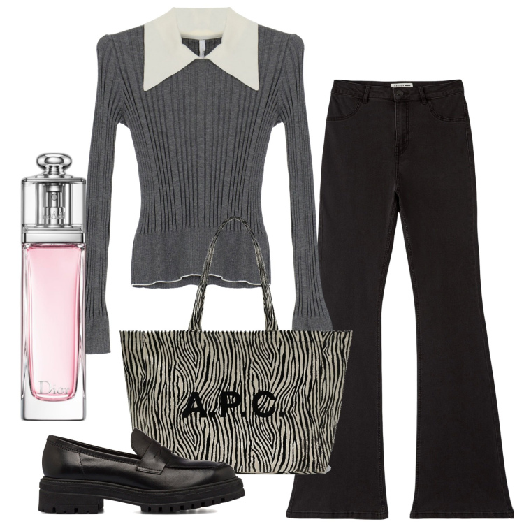 Outfit donna - Bon ton in pantaloni. Stile Bon Ton per Tutti i giorni. Abbinamento con profumi, jeggings, maglieria, mocassini, shopping bag.
