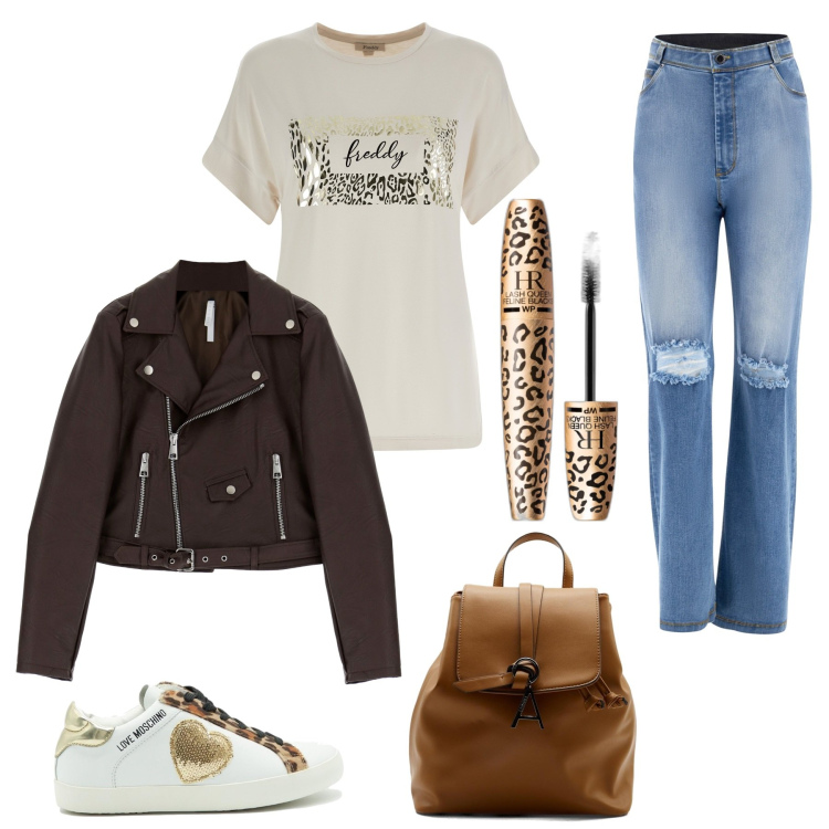 Outfit donna - Total look #1740790. Stile Urban per Tutti i giorni. Abbinamento con mascara, cappotti, jeans strappati, t-shirt, zaini, sneakers.