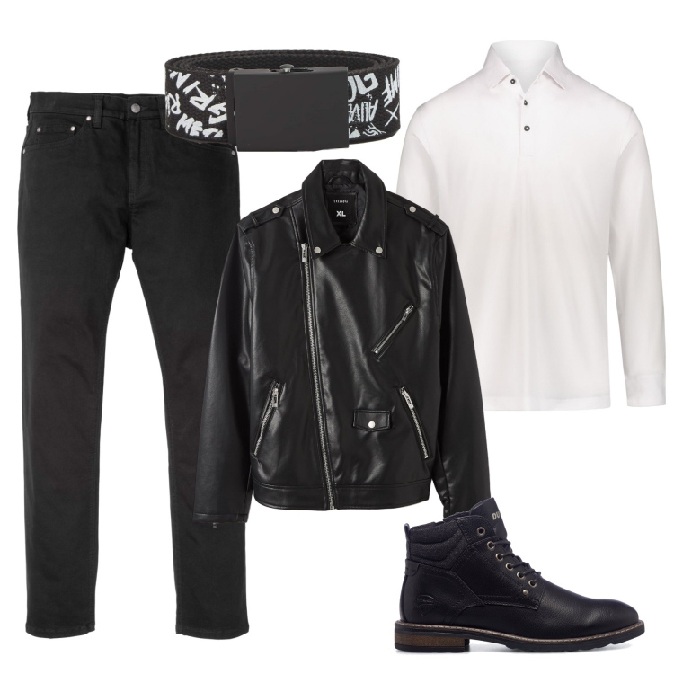 Outfit uomo - La polo bianca. Stile Trendy per Tutti i giorni. Abbinamento con jeans slim fit, cappotti, cinture, anfibi, polo.