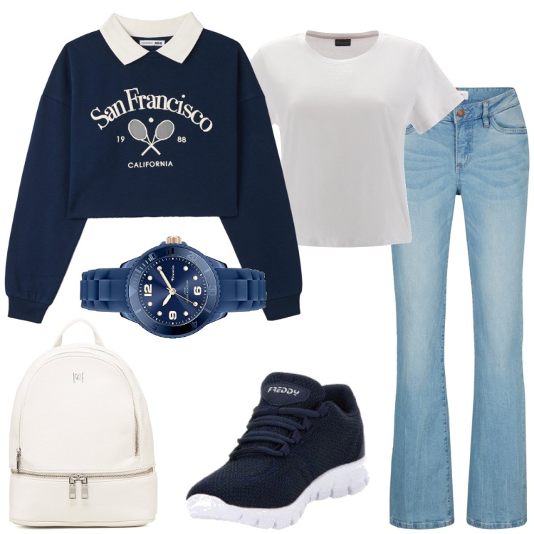 Outfit donna - Università. Stile Casual per Scuola/Università. Abbinamento con jeans bootcut, felpe, sneakers, t-shirt, zaini, orologi analogici.