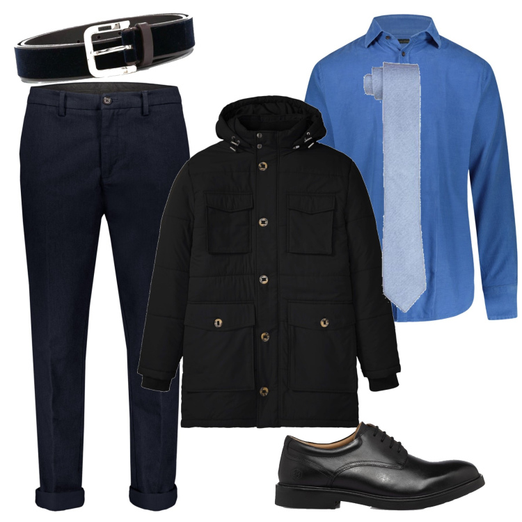 Outfit uomo - La cravatta informale. Stile Casual per Ufficio. Abbinamento con parka, cinture, scarpe stringate, pantaloni, cravatte, camicie.