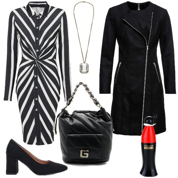 Outfit donna - Cheap and chic a pranzo. Stile Chic per Tutti i giorni. Abbinamento con vestiti chemisier, cappotti, profumi, collane, borse a spalla, décolleté.